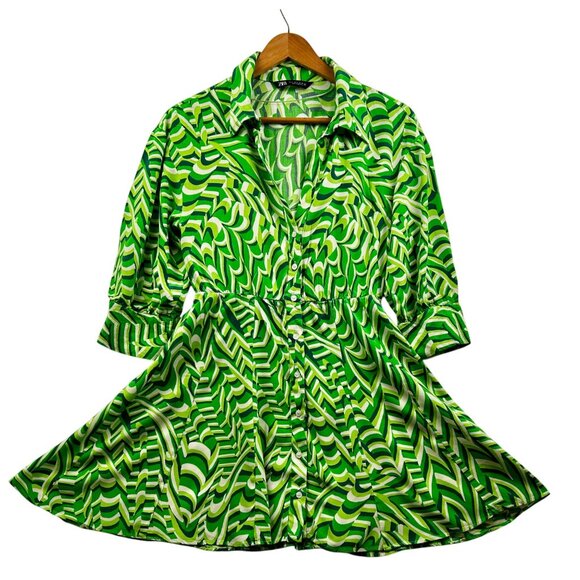 Zara Retro‎ Swirl Shirt Dress Green White Mod Print Mini Summer Dress Sz SMALL - Picture 3 of 7